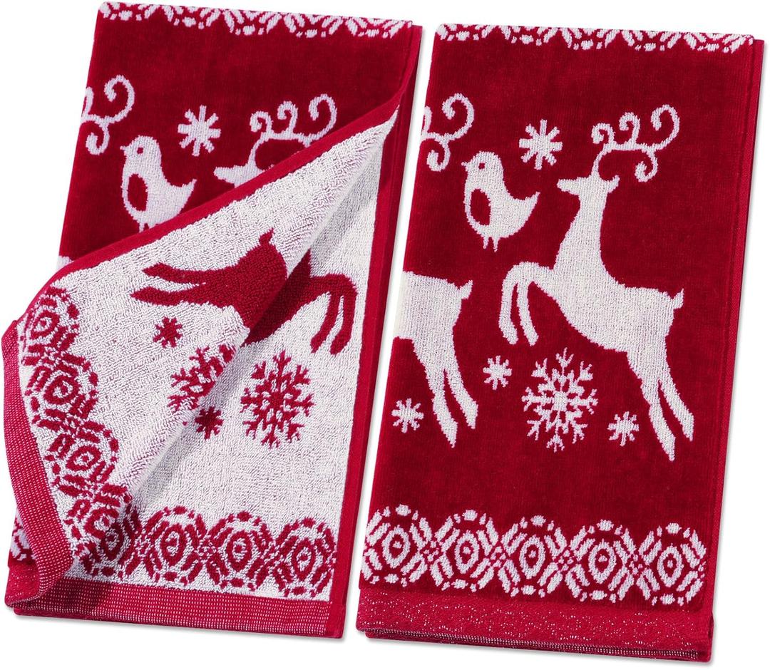 Shemilly 2pcs Christmas Hand Towels Red Elk Snowflake Jacquard Hand Towel for Bath 100% Cotton Thick Soft Bathroom Kitchen Decorative Set for Xmas Winter Holiday Decor Gift, 16 x 27 Inch