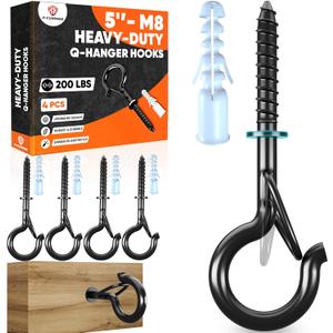 [HIGH-WORKLOAD] 200Lbs 4 Pcs Q-Hanger Hooks M8 with Washer & Safety Buckle, Heavy Duty 5 Windproof Screw Hooks for Hanging Plants, Yoga, Lights, Indoor & Outdoor Uses-Expansion Tubes, Screwdriver