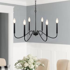 SJCCDSGS Black Chandelier- Modern Farmhouse Chandelier Dining Room Light Fixture 6 Light E12 Candle Pendant Hanging Light for Living Room, Bedroom, Foyer, Kitchen Island, Entrance