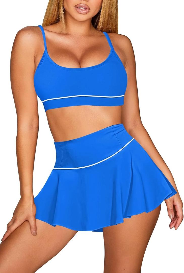 Pink Queen 2026 High Waisted Bikini Set for Women 2 Piece Swimsuits Scoop Neck Spaghetti Straps Swim Skirt Bathing Suits, Small, Sky Blue