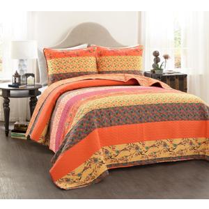 Lush Decor Royal Empire Reversible Cotton Quilt Set - 3 Piece Striped Bedding Set - Bold & Colorful Bohemian Patterns - Soft Cotton Feel - King, Tangerine