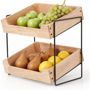LIBKEN 2-Tier Fruit Basket Countertop Organizer Rubberwood & Metal Fruit Stand Minimal Scandinavian Design Storage for Fruits, Vegetables, Bread & Snacks Airflow Design, Easy Assembly