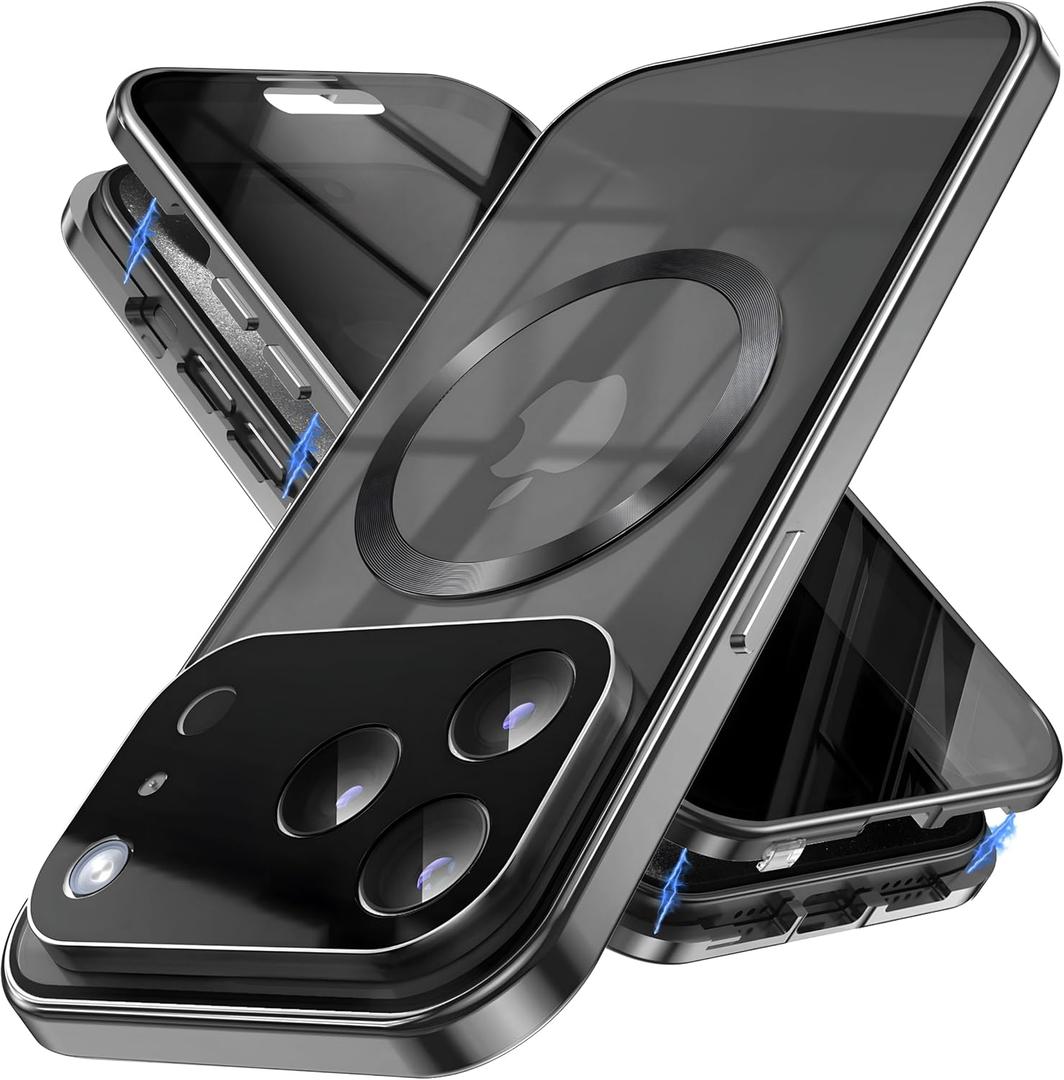 Magnetic Privacy Case for iPhone 17 Pro Max with Full Camera Lens Protector [Safety Buckle Lock] [Fits for MagSafe] Anti Peep Privacy Screen Protector Double Sided Glass Mag-Safe Case for 17 Max (Black)