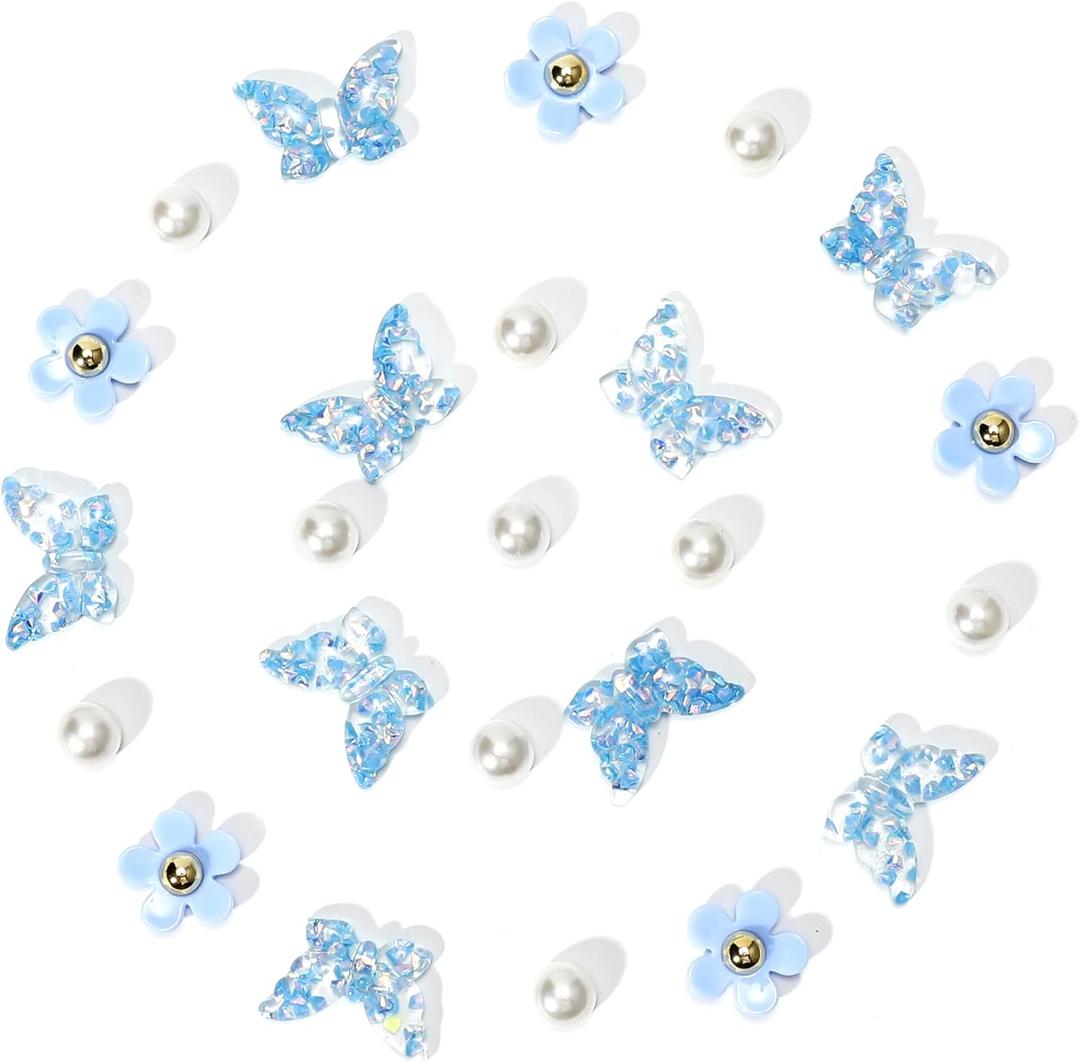 Pink Butterfly Shoe Charms for Women, Flower Shoe Charm for Summer Clog Sandal, Pearl Shoe Decoration Charms Accessories, Party Favor, Ideal Gift (Blue)