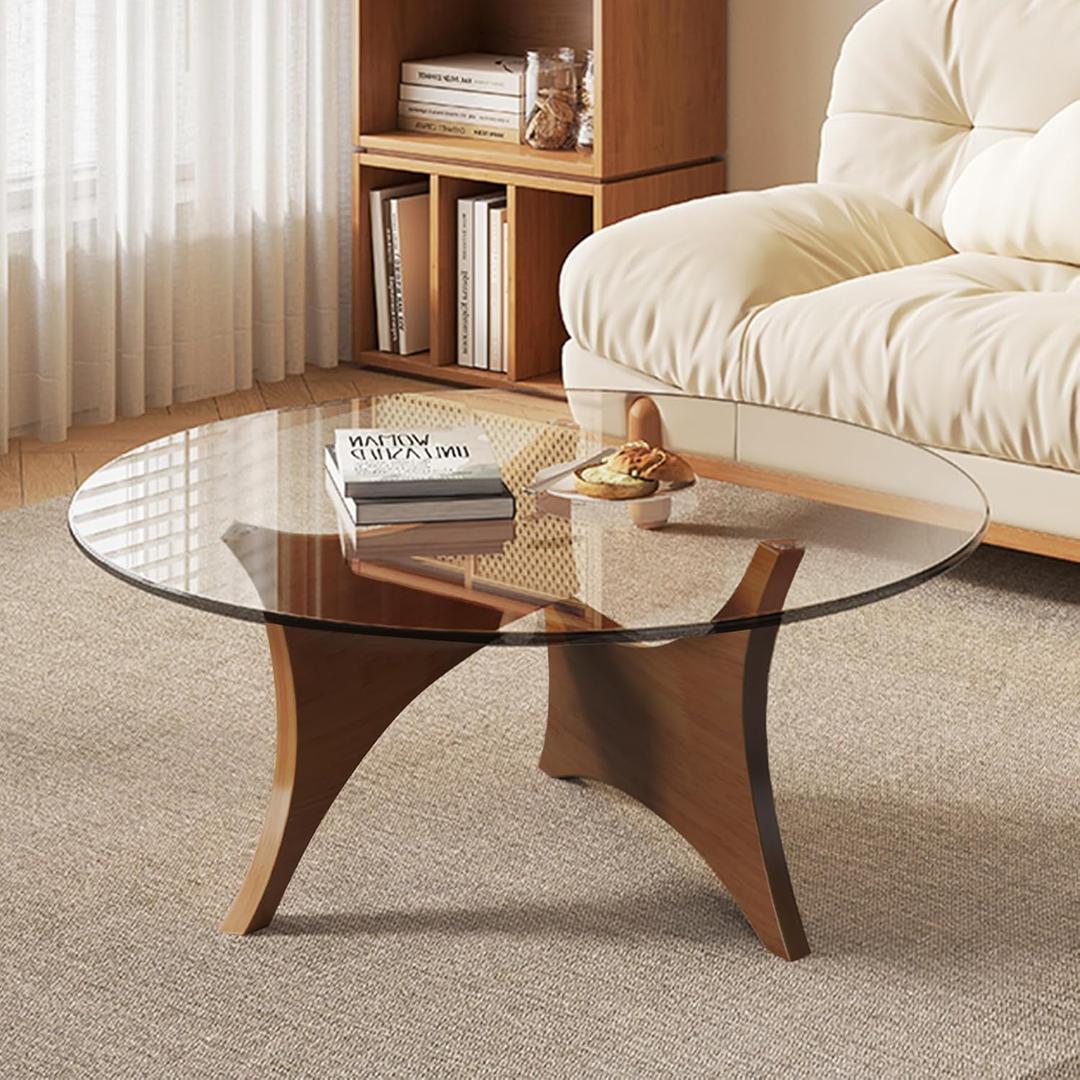 Glass Coffee Table Modern Round Coffee Table, 31.5" Small Minimalist Center Table for Living Room, Unique Circle Accent Coffee Table, Rustic Simple Tea Table