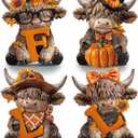 Sosation 4 Pcs Fall Highland Cow Figurines Autumn Pumpkin Highland Cow Gnomes Maple Leaf Scottish Resin Statue Calf Lovers Gifts for Thanksgiving Home Garden Kitchen Office Tiered Tray Table Decor