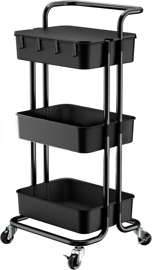 Pipishell 3 Tier Rolling Cart with Table Top, Utility Cart with Wheels & 4 Hooks, Rolling Storage Cart for Home Storage and Organization, Black, PIUC09B