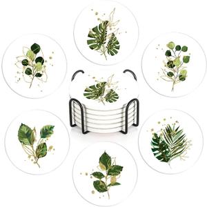 Coasters Set with Holder,Green Plants Absorbent Ceramic Coasters with Cork Base,Cute Funny Table Cup Mat 6 Pcs, Table Home Decor
