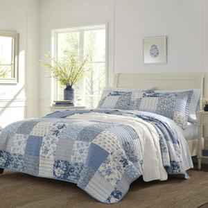 Laura Ashley - Queen Quilt Set, Soft & Reversible Cotton Floral Bedding with a Medium Weight Feel, 3 Piece Bed Set with Matching Pillowcases (Paisley Printed Patchwork Blue)
