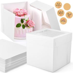 12Pcs Cake Boxes, 10x10x10 Inches Tall Cake Boxes with Window, White Disposable Tier Cake Containers for Pastries, Pie, Cookies, Chocolates, Cupcakes, Birthday Party, Wedding Bakery Boxes