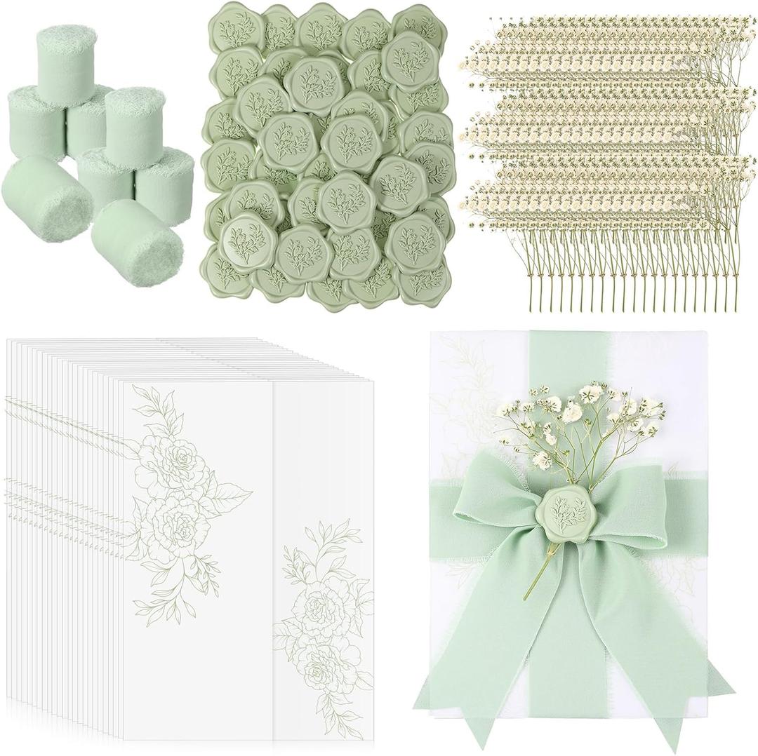 Fullhawl 50 Sets Wedding Invitations Wraps Set Pre Folded Vellum Jackets for 5 x 7 Invitations Dried Flowers Wax Seal Stickers Chiffon Silk Ribbon for Wedding Birthday Bridal Shower Craft DIY (Green)