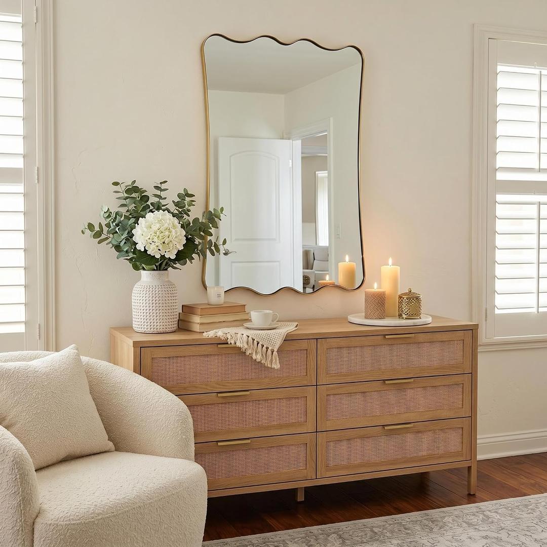 ANDY STAR 24x36 Inch Brushed Gold Scalloped Rectangle Bathroom Mirror, Brushed Gold