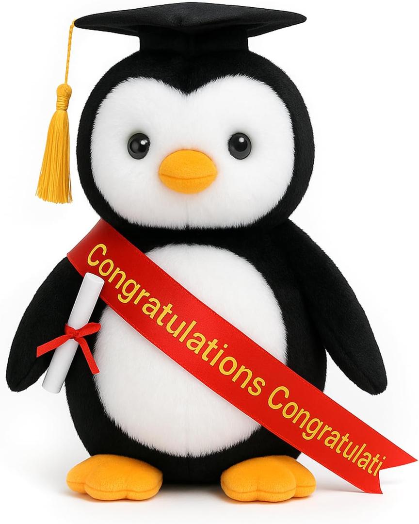 Plush Penguin Stuffed Animal with Graduation Doctoral Tam Velvet Gold Bullion Tassel Diploma for Man Women Girls Boys Graduation Congratulatory Party Gifts, 12 inches
