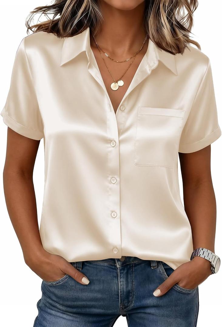 Zeagoo Satin Blouses for Women Silk Button Down Shirts Short Sleeve Business Casual Tops, Size: Small
