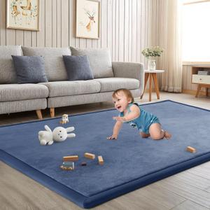 Baby Play Mat for Floor Nursery Rug Muscle Mat Area Rug Playroom Rug 50"x50" Playpen Mat Memory Foam 1.3" Thick Crawling Mat for Babies,Toddlers, Infants, Kids,Sapphire Blue