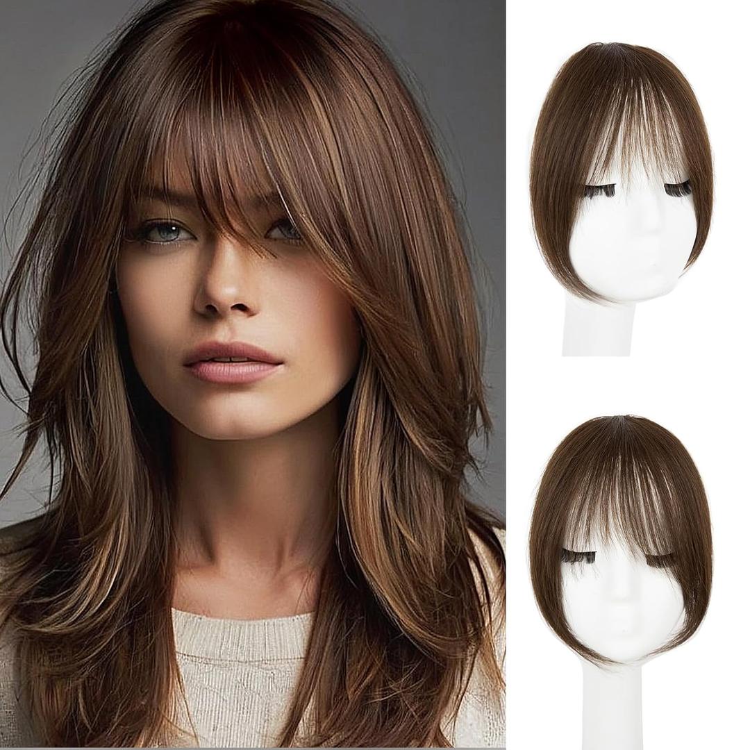 EINAEY Clip in Bangs – 100% Real Human Hair Fringe with Temples, Medium Brown French Bangs Hair Clip Hairpiece for Women, Natural Look, Easy Trim & Secure BB Clips for Daily Wear