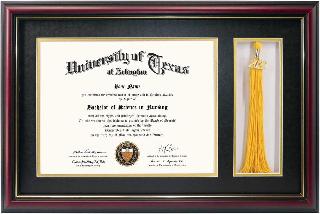 GraduationMall 11x17 Cherry Wood Diploma Frame with Tassel Holder for 8.5x11 Certificate Document,Real Glass,Black over Gold Mat