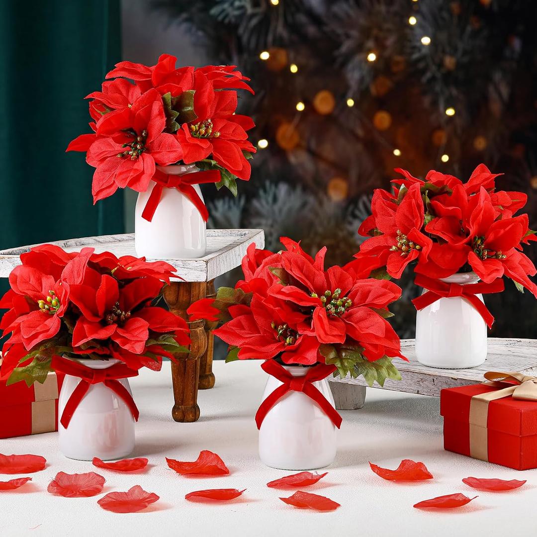 4 Sets Artificial Poinsettia Bushes with Vase 3.1 Inches Mini Christmas Poinsettia Decor Faux Red Flowers Bouquet for Xmas Party Indoor Table Centerpiece