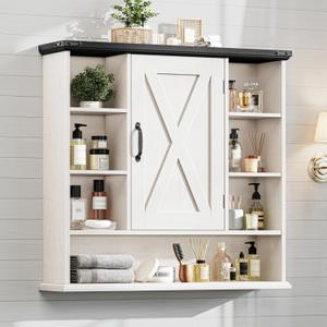 Bathroom Wall Cabinet, Farmhouse Medicine Cabinet with Adjustable Shelves and Barn Doors, Large Wall Mounted Over the Toilet Storage Cabinet for Bathroom, Laundry Room, Kitchen, Rustic White and Black