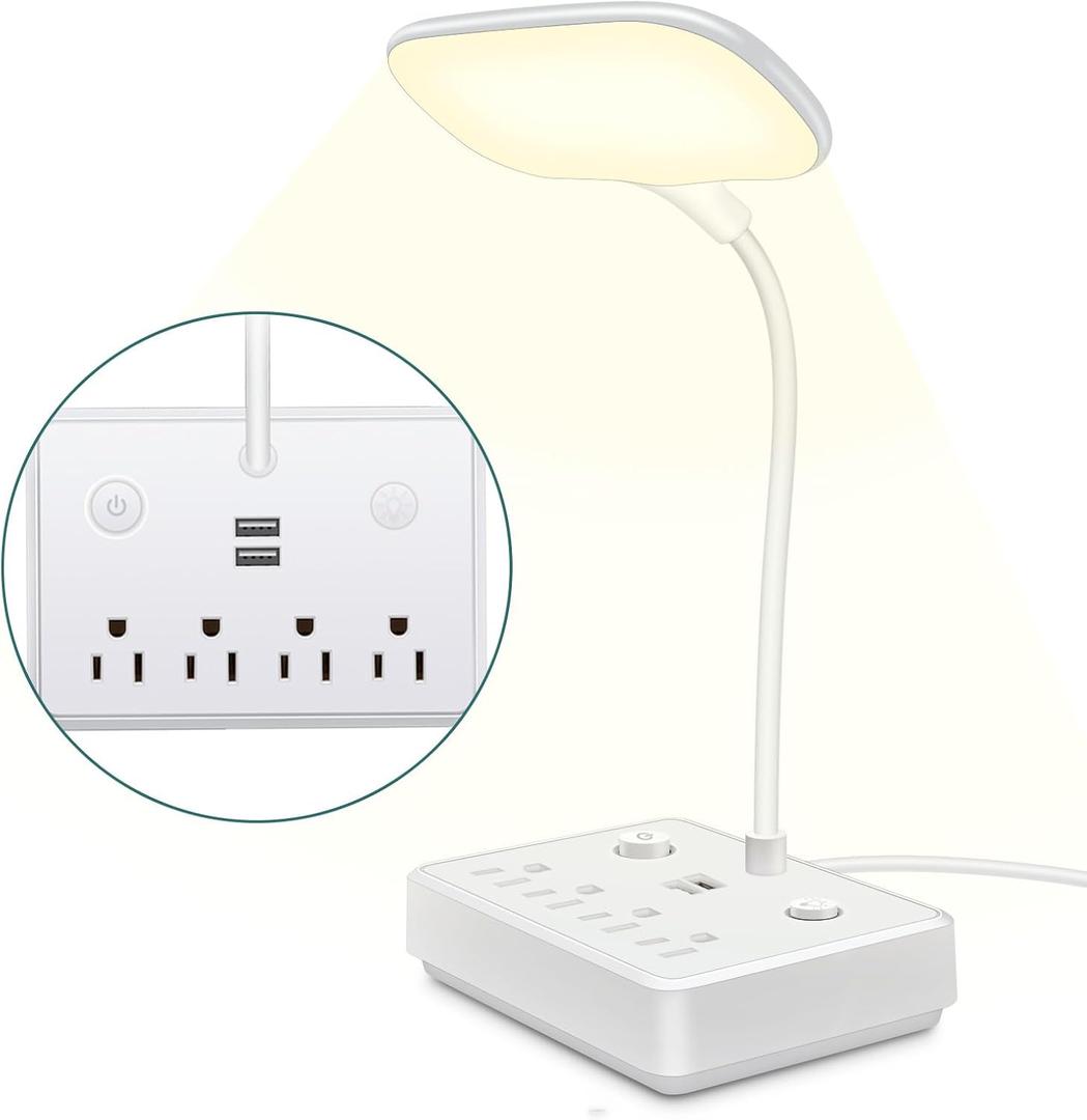 LED Desk Lamp with 2 USB Charging Port and 4 AC Power Outlet - 3 Lighting Modes, Adjustable Gooseneck, Eye-Caring Small White Table Lamp for Home Office College Dorm Room Essentials