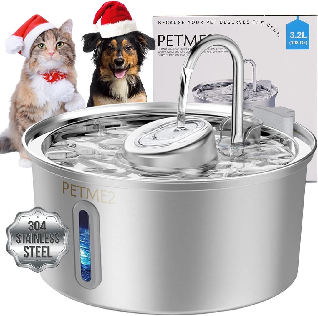 Luxury Smart Pet Fountain 2026  3.2L/108oz Stainless Steel Automatic Cat & Dog Water Fountain, Indoor Pet Water Dispenser with LED Light, Quiet Pump, Dual Flow Modes, 4-Layer Filter, Dishwasher Safe