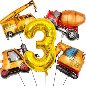 Construction Birthday Party Supplies 3 Year Old, Large Construction Balloons 40Inch Gold Number 3 Balloon Construction Truck Foil Balloons for Boys 3rd Construction Birthday Party Decorations