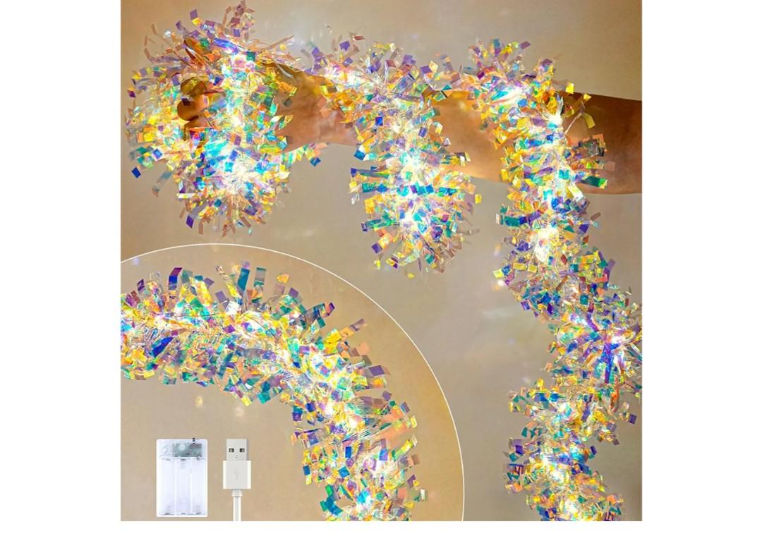 Christmas Garland with Lights, 2 Pack 16.4FT Iridescent Tinsel Garlands Battery Operated & USB, Shiny Foil Garland Indoor Hanging Home Decor, Garland for Birthday Holiday New Years Eve Party Supplies