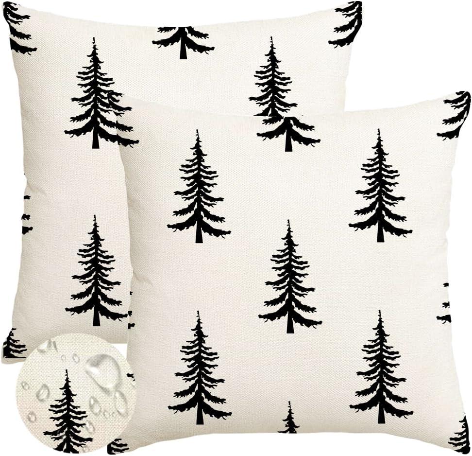 RABUSOFA Christmas Pillow Covers 16x16 inch Set of 2 Indoor Outdoor Waterproof Christmas Tree Decor Decorative Throw Cushion Cases Winter Xmas Holiday Decoration for Couch Patio (White)