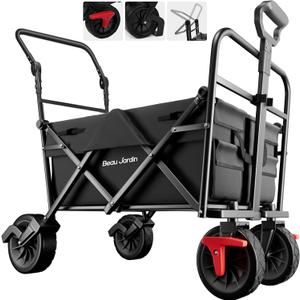 BEAU JARDIN Collapsible Foldable Push Pull Folding Beach Wagon 350lbs Heavy Duty Utility Camping Grocery Garden Sport Wagon with All Terrain Sand Wheels and Brakes Black, (Small)
