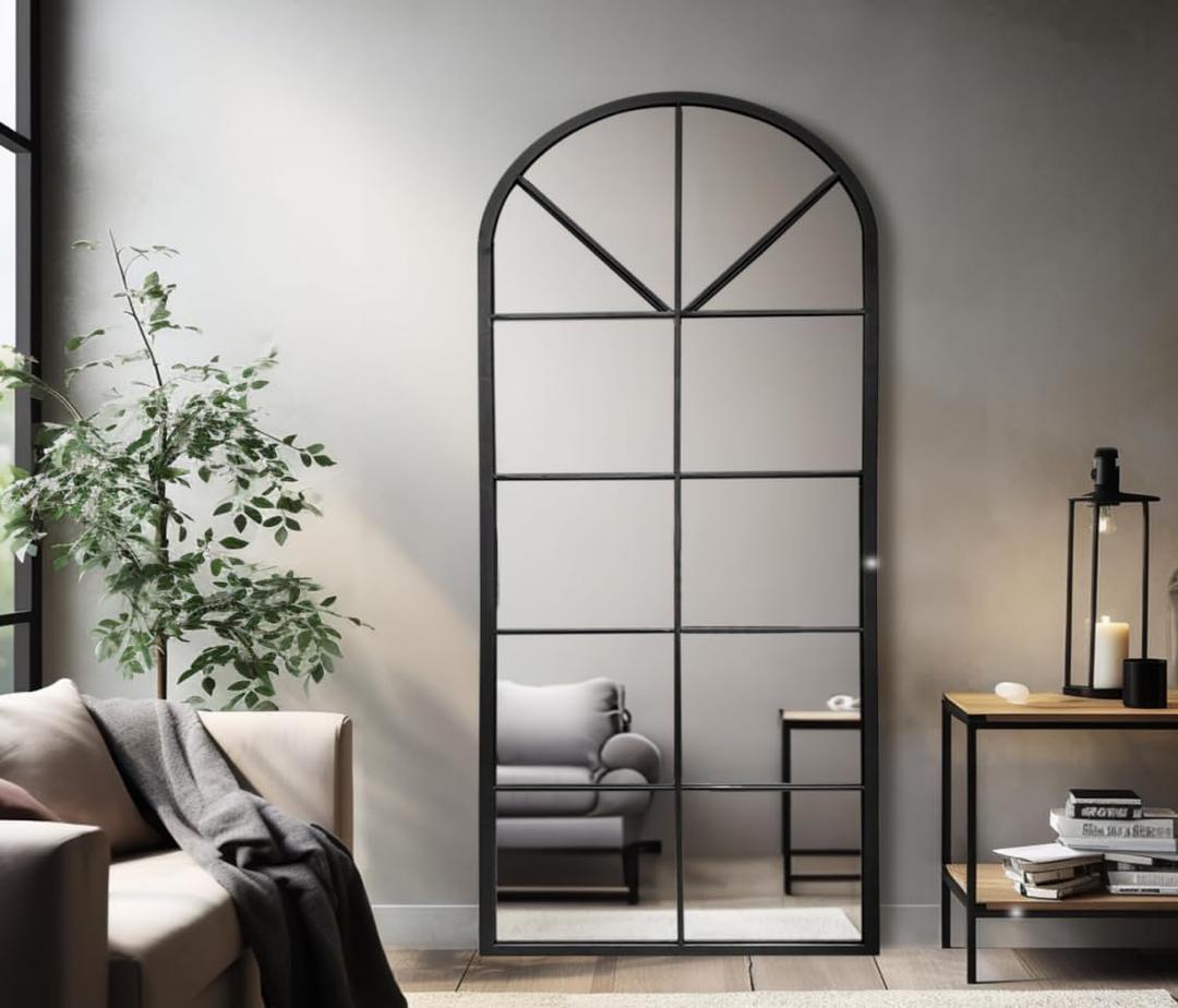 Full Length & Floor Mirror 71" x 32" Window/Wall Decorative Mirrors, Aluminium Framed Window Pane Mirror, Arched Top Wall Mirror for Entryway Living Room, Bedroom, Fireplace (Black)