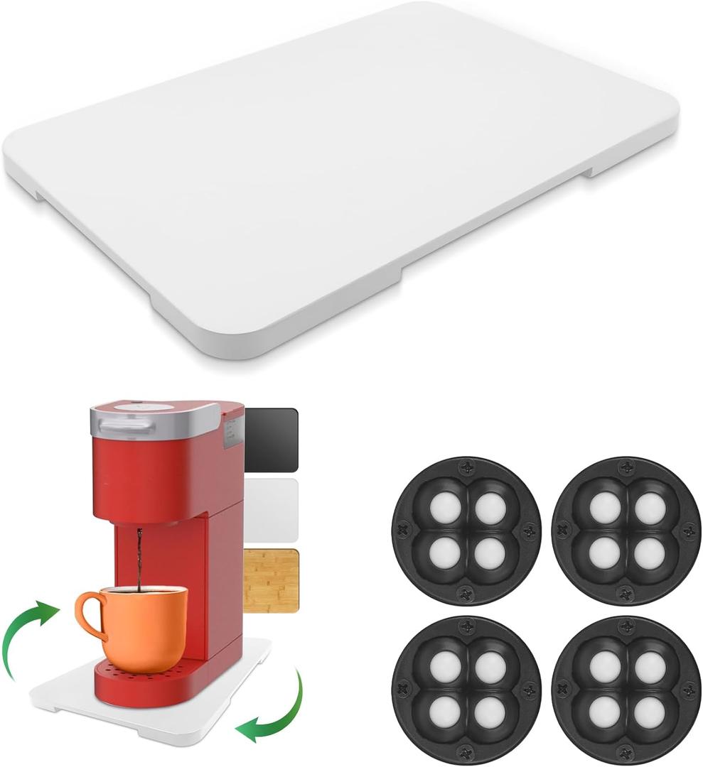 360° Rolling Tray Bamboo Appliance Slider, Appliance Sliders for Kitchen Appliances Sliding Tray for Coffee Maker Appliances Mat Easily from Under The Cabinet White(13.9"×9.4")