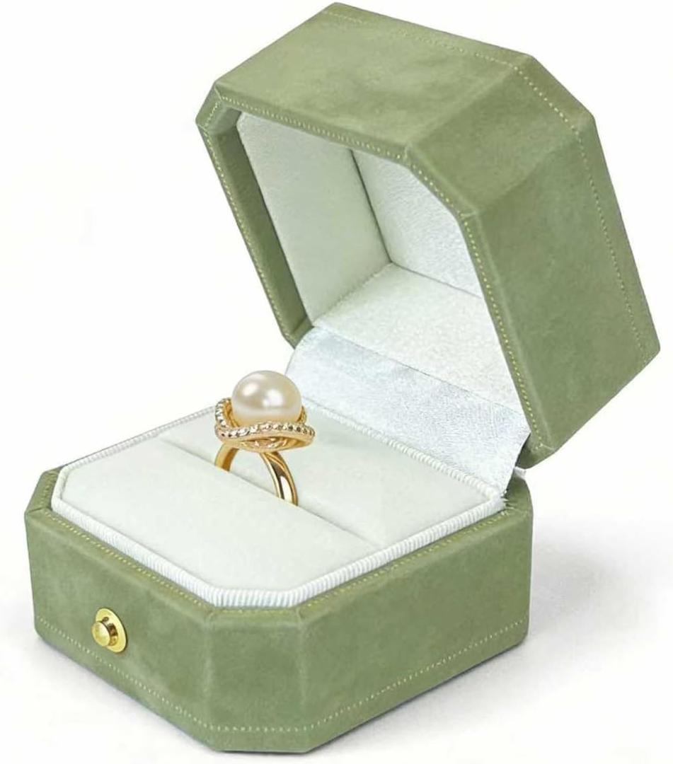 Velvet Ring Box - Octagon Engagement Ring Box with Hinged Lid for Proposal Engagement Wedding, Proposal Ring Case Jewelry Box with Gold Lace PRB001-Green