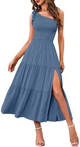 MEROKEETY Women's Summer One Shoulder Sleeveless Knot Smocked Midi Dress Split Tiered Flowy Dresses ( Dusty blue, Small)