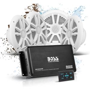 BOSS 6.5 inch Speakers and 4 Channel Amplifier - 500 High Output, Bluetooth Remote, Waterproof Pouch