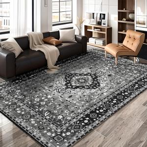 Yancorp 6'x9' Large Area Rug for Livingroom Non Slip Big Black and White Rug Washable Area Rug for Bedroom Ultra Soft Foldable, Vintage Carpet Stain Resistant Rugs Black Grey