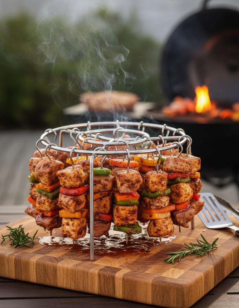 Air Fryer Grill Accessories Kit with 24 Skewers | Stainless Steel Barbecue Rack & Vertical Meat Skewers for Air Fryer | Non-Stick Round Hanging Skewers for Even Cooking