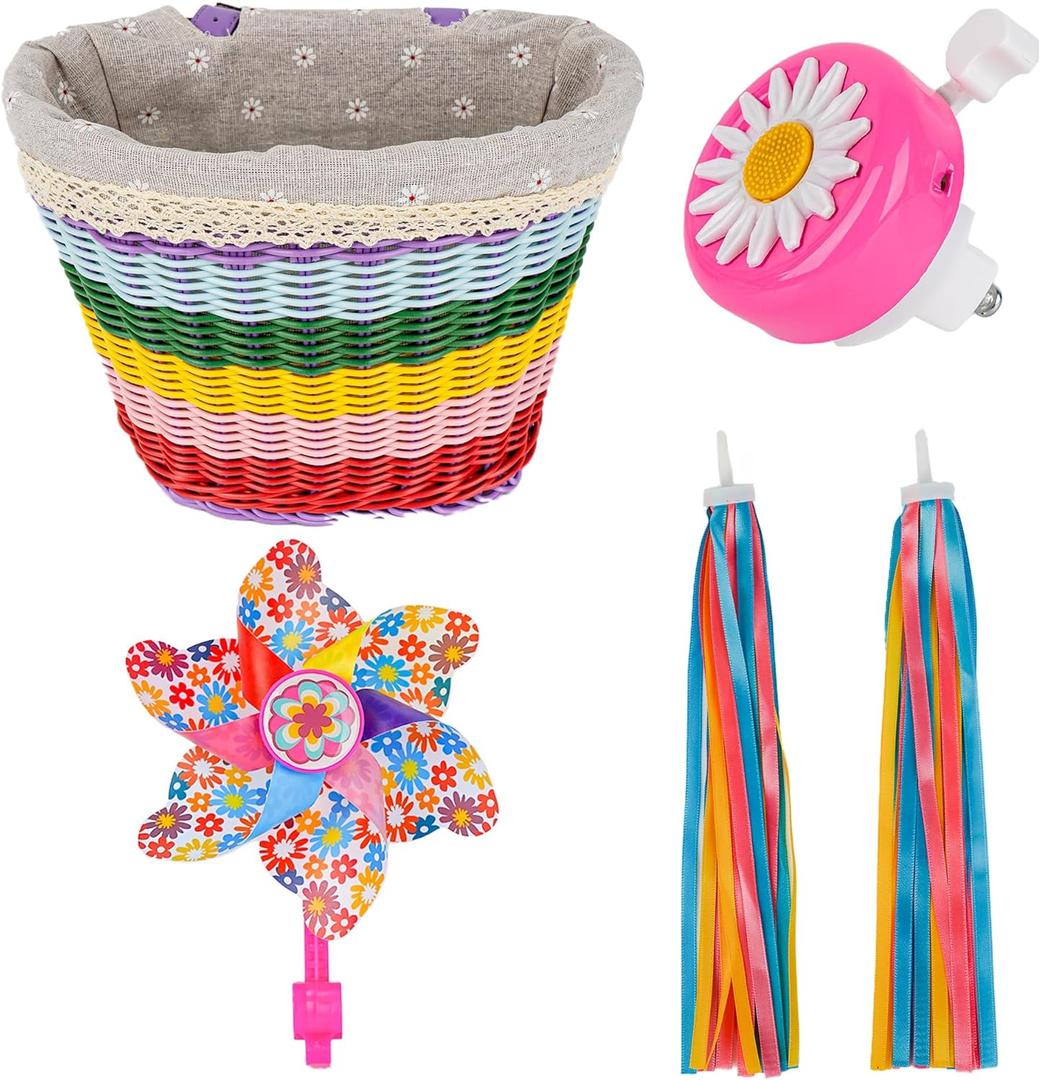 RidingRush Big Bicycle Basket for Girls, Kids Bike Front Handlebar Basket with Bell, Streamers and Pinwheel, Colorful Woven Basket for Toddler Girls Bike Accessories and Decoration (812 Age)