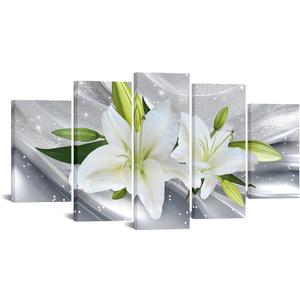 iKNOW FOTO Large 5 Pieces Canvas Wall Art Print Floral Lily Design 60x32 Framed Stretched Artwork Modern Contemporary Flower Painting Home Decor Canvas Prints for Living Room, Bedroom, Office