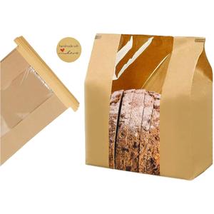 50 Pack Large Paper Bread Bags for Homemade Bread Sourdough Bags 14" x 8.3" x 3.5" with Tin Tie Tab Lock Clear Front Window Bakery Bag Packaging Cookie Bag with Label Seal Stickers