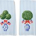 Blue Chinoiserie Topiary Patriotic Kitchen Towels, Patriotic Hand Dish Tea Towel for Kitchen, 4th of July Independence Day Striped Decorative Hand Towel for Bathroom 16x24inch, Set of 2