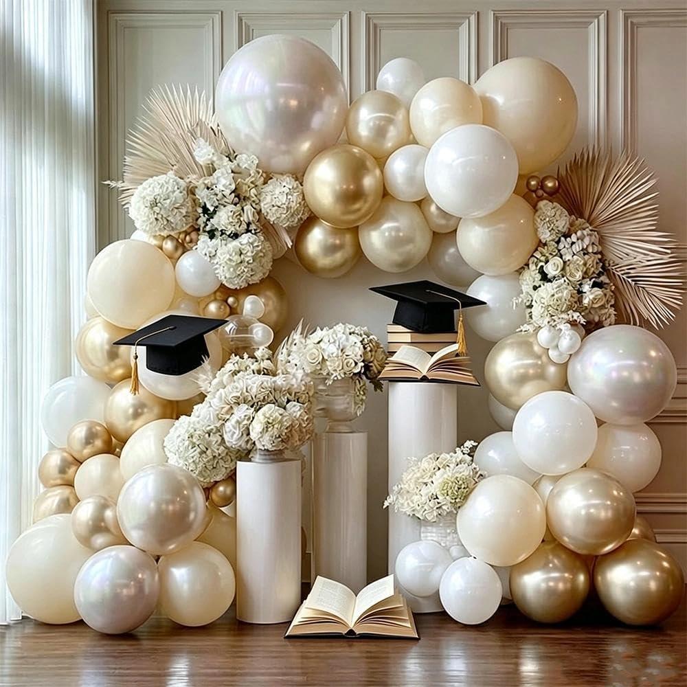 White Gold Balloon Arch Double Stuffed Pearl White Sand Cream Gold Chrome Balloon Garland Kit for Graduation Baptism Birthday Baby Shower Wedding Party Decorations