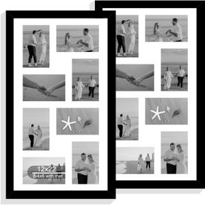Hongkee 12x22 Picture Frame Set of 2, Black with Glass Collage Frame, Display Eight Opening 4x6 Photos With Mat or 12 x 22 Newspaper Without Mat - Horizontal or Vertical Wall Mounting