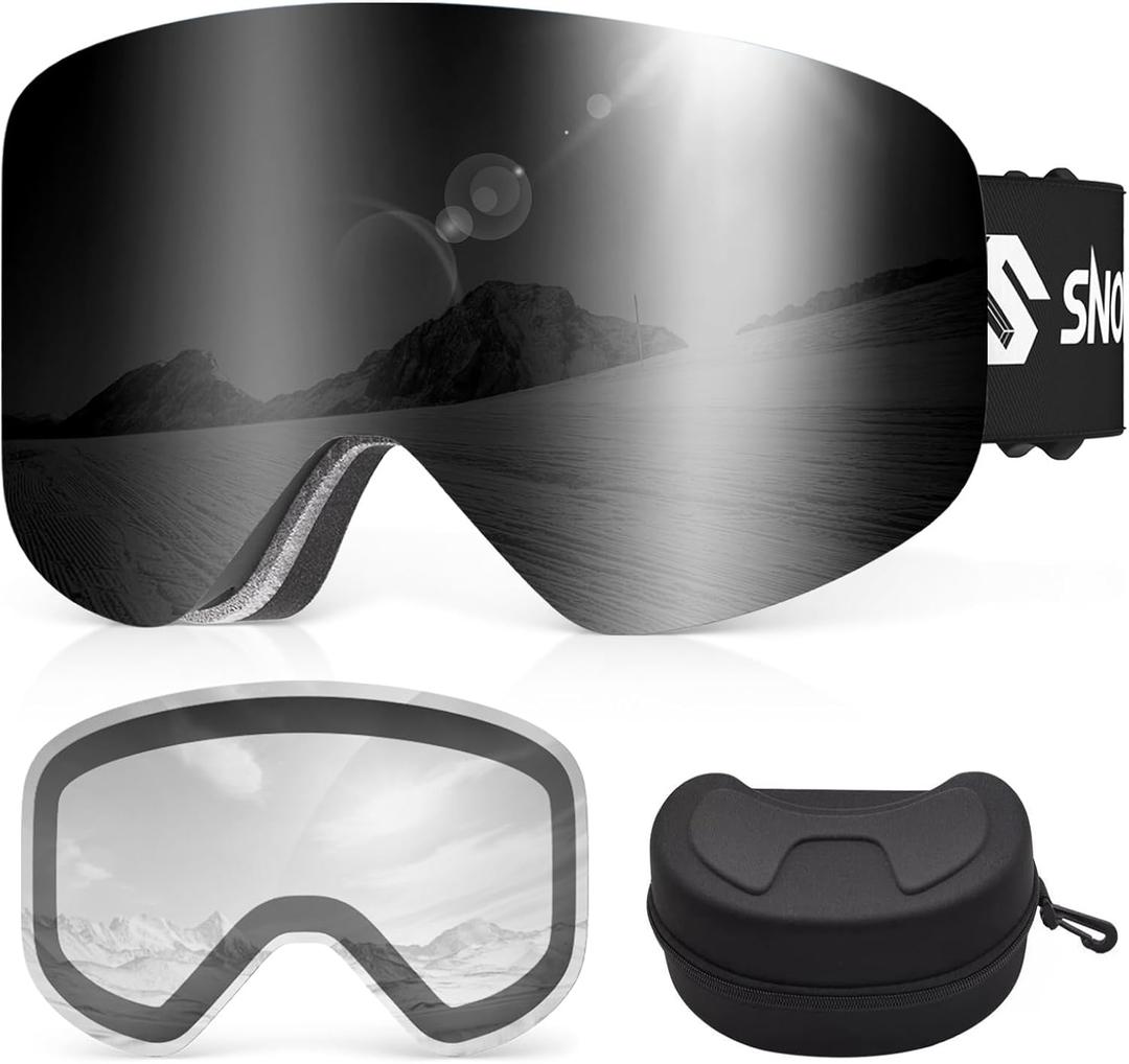 Ski Goggles, Frameless Snowboard Goggles with 2 UV400 Magnet Ski Lenses for Men & Women (Black(vlt 11.6%) + Clear (Vlt 83.5%))