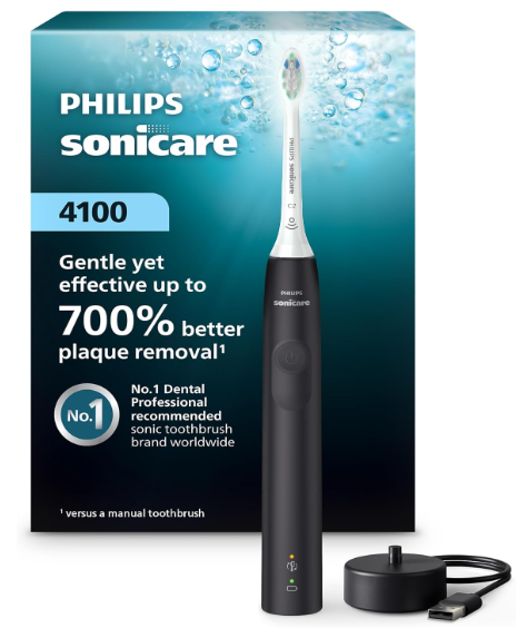 Philips Sonicare 4100 Series Electric Toothbrush  Sonic Toothbrush with Advanced Sonic Technology, Pressure Sensor, Two Intensity Settings, Smartimer & Quadpacer, Black, Model HX3681/24