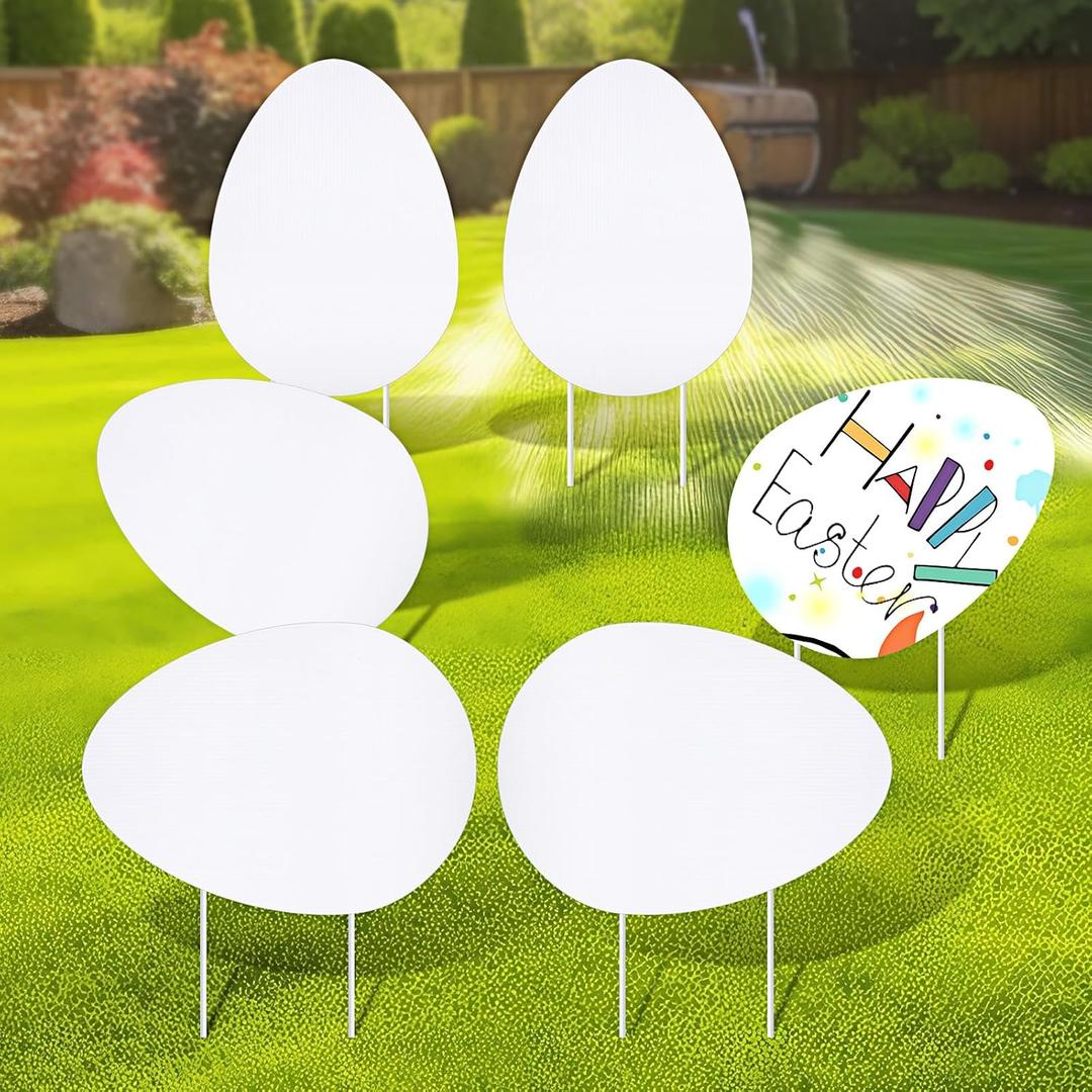 DoubleFill 6 Pack Easter Eggs Blank Yard Signs with Stakes, Outdoor White Plastic Easter Eggs Yard Decorations Waterproof DIY Blank Lawn Decorations for Spring Easter Party Supplies (8.6'' x 12'')
