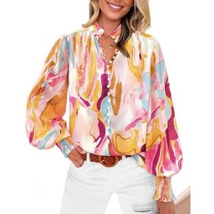 BTFBM Spring Fashion 2025 Button Down Long Sleeve Blouses for Women Dressy Casual V Neck Loose Printed Boho Tops Shirts, Small