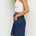 PLNOTME Womens Crossover Denim Shorts Summer Asymmetrical High Waisted Straight Leg Jean Shorts (Blue)