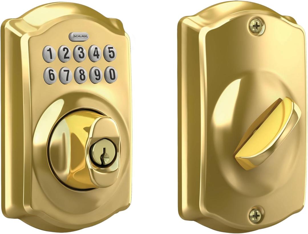 Schlage Camelot Electronic Keypad Deadbolt Lock, Keyless Front Door Entry, Mechanical Key Backup Included, Bright Brass, BE365 CAM 505