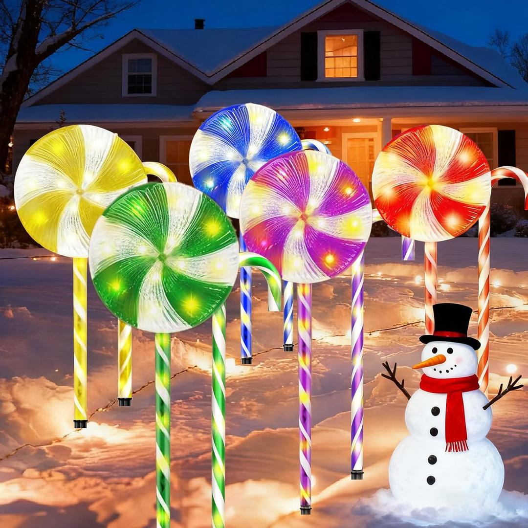 Christmas Candy Cane Lollipop Lights Decorations, 10-Pack 8 Modes Christmas Pathway Lights Outdoor LED Waterproof Lighted Up Flashing String Light Decor for Garden Yard (Multi-Color)