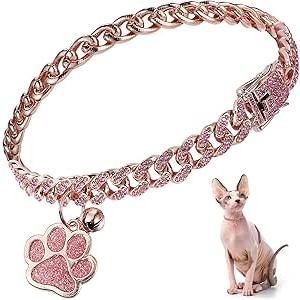 Hillban Cat Collar Diamond Chain Glitter Collar Walking Metal with Secure Buckle Cat Pet Necklace with Paw Charm and ID Tag Bell Link Cuban Jewelry Accessories(10 Inch,Rose Gold, Pink)